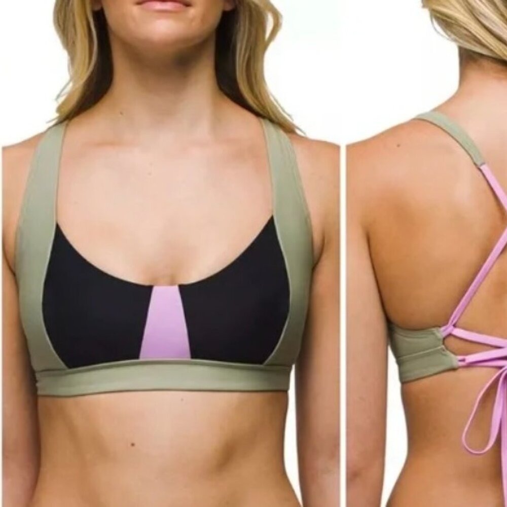 Prana Tulum Bikini Top Black Color Block Olive Green Black Lilac Size Small